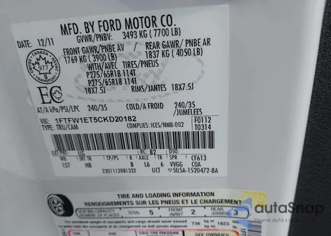 2012 Ford F-150 Lariat from USA, damaged, VIN 1FTFW1ET5CKD20182